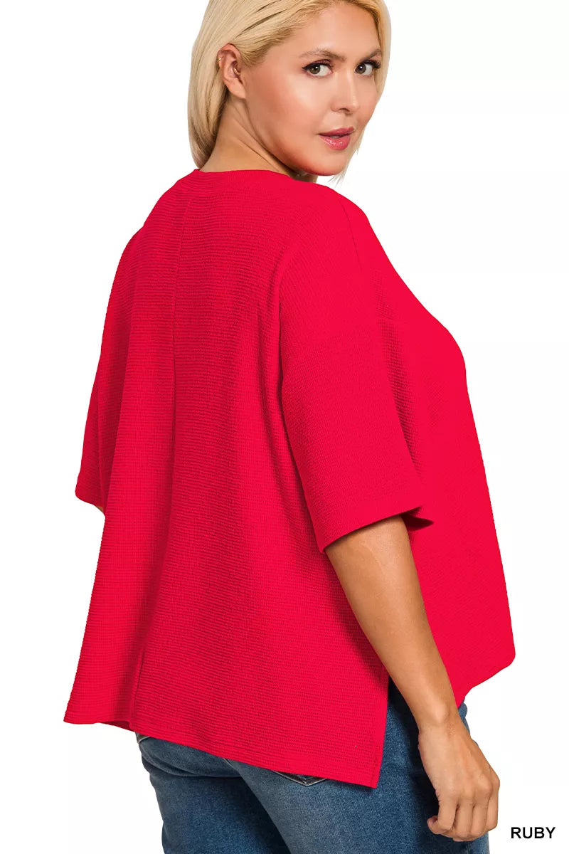 Textured waffle knit boxy tee with side slits and hi-low hem