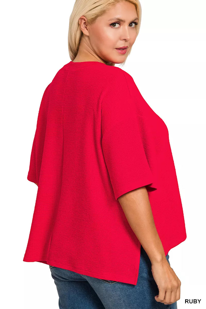 Textured waffle knit boxy tee with side slits and hi-low hem