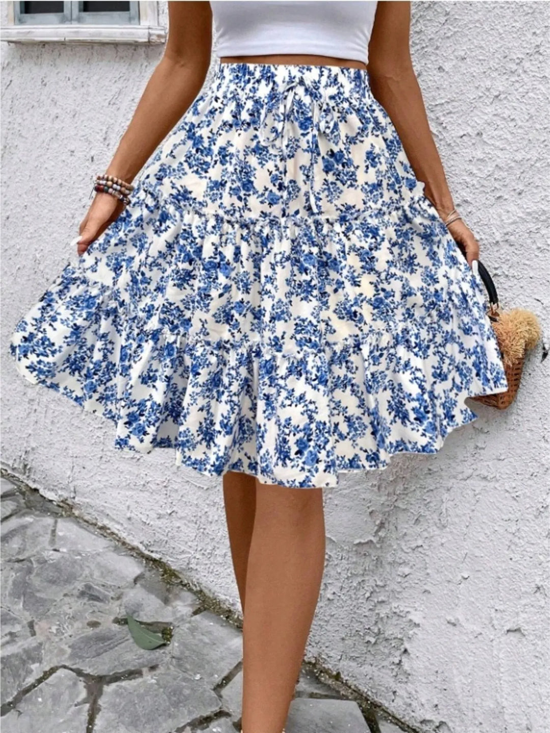 Sky Blue Floral print tiered ruffle mini skirt