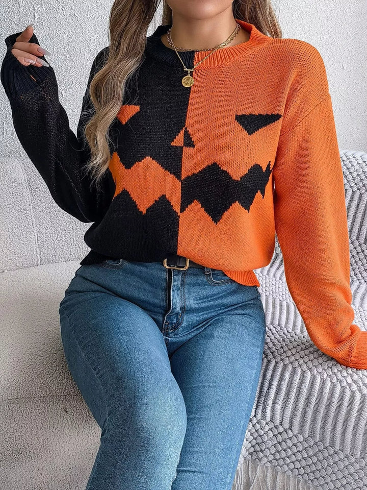 Orange Pumpkin face color block knit pullover sweater