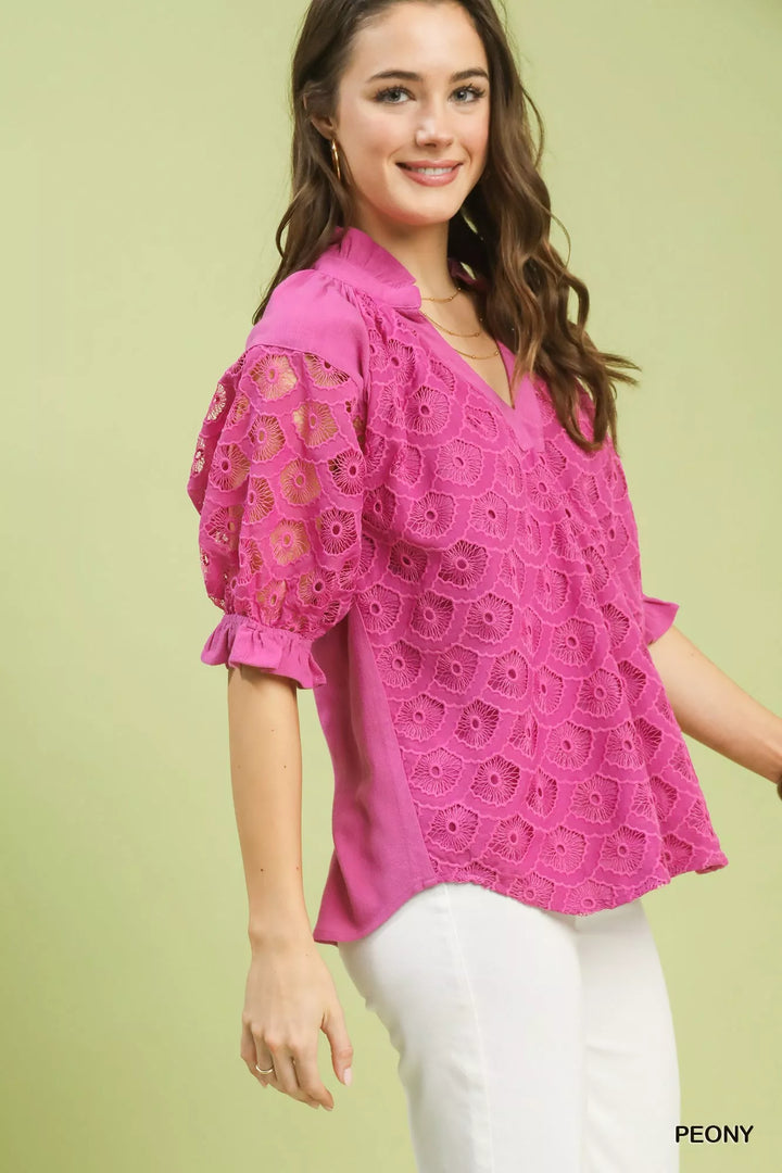 Floral lace puff sleeve top with split v-neck