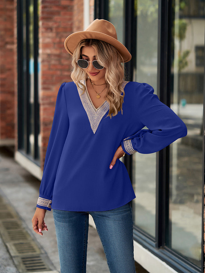 Crochet lace-trim V-neck long sleeve blouse