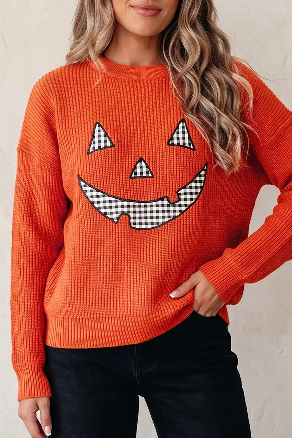 Jack-o-lantern patch drop shoulder Halloween sweater