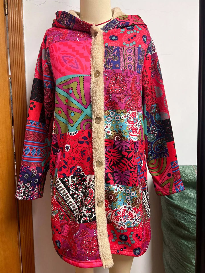 Bohemian patchwork fleece-lined hooded coat