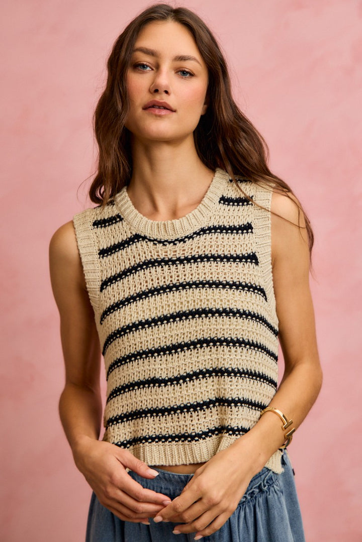Striped low-gauge knit sleeveless sweater top