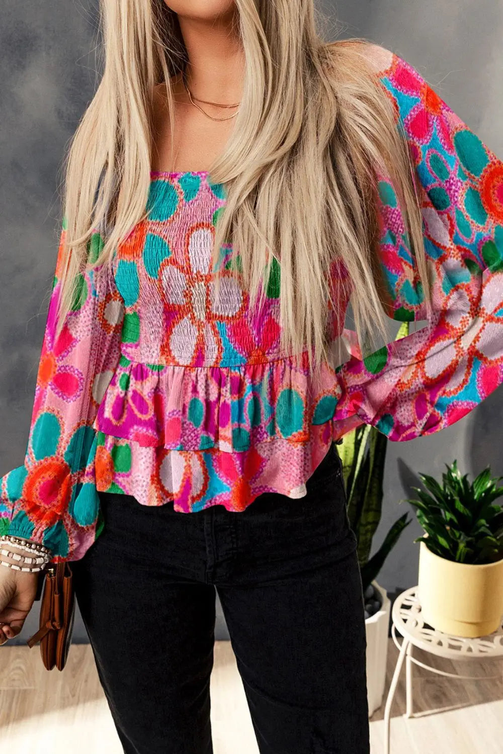 Floral smocked balloon sleeve blouse with tiered ruffle hem