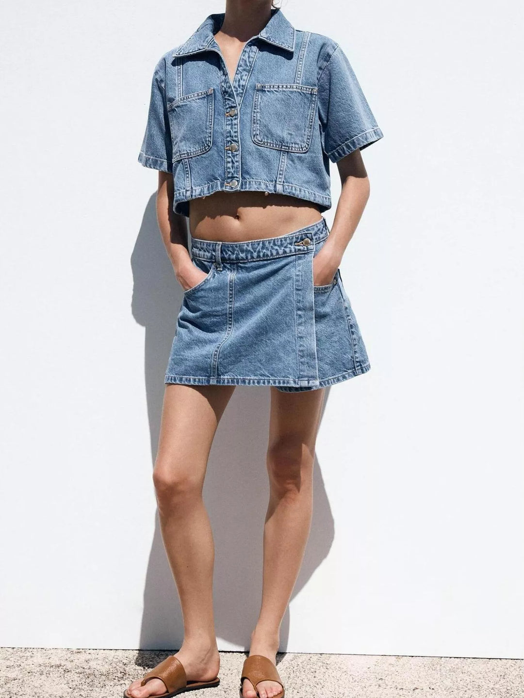Contrast-stitch denim button-up crop shirt and skort set