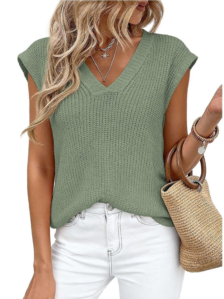 V-neck cap sleeve waffle knit sweater vest