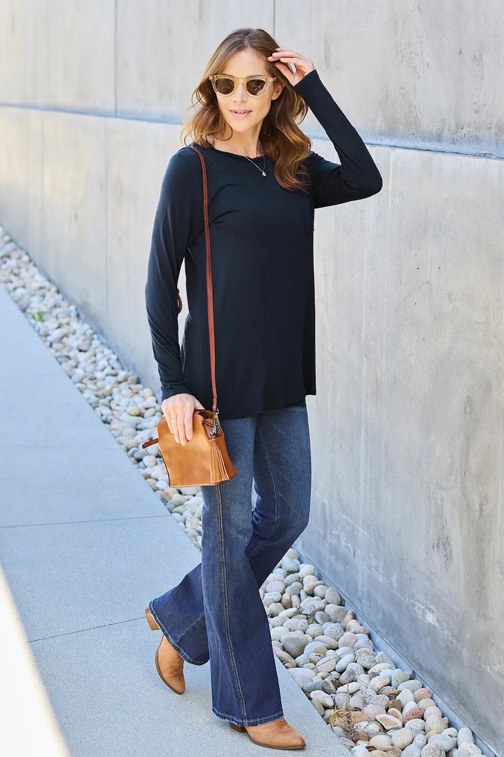 Long sleeve round neck tunic top with chest pocket