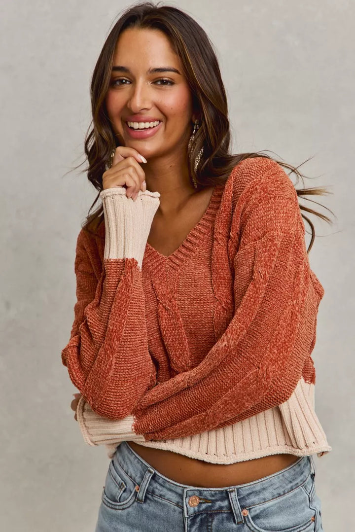 Chenille cable knit v-neck cropped sweater with contrast trim