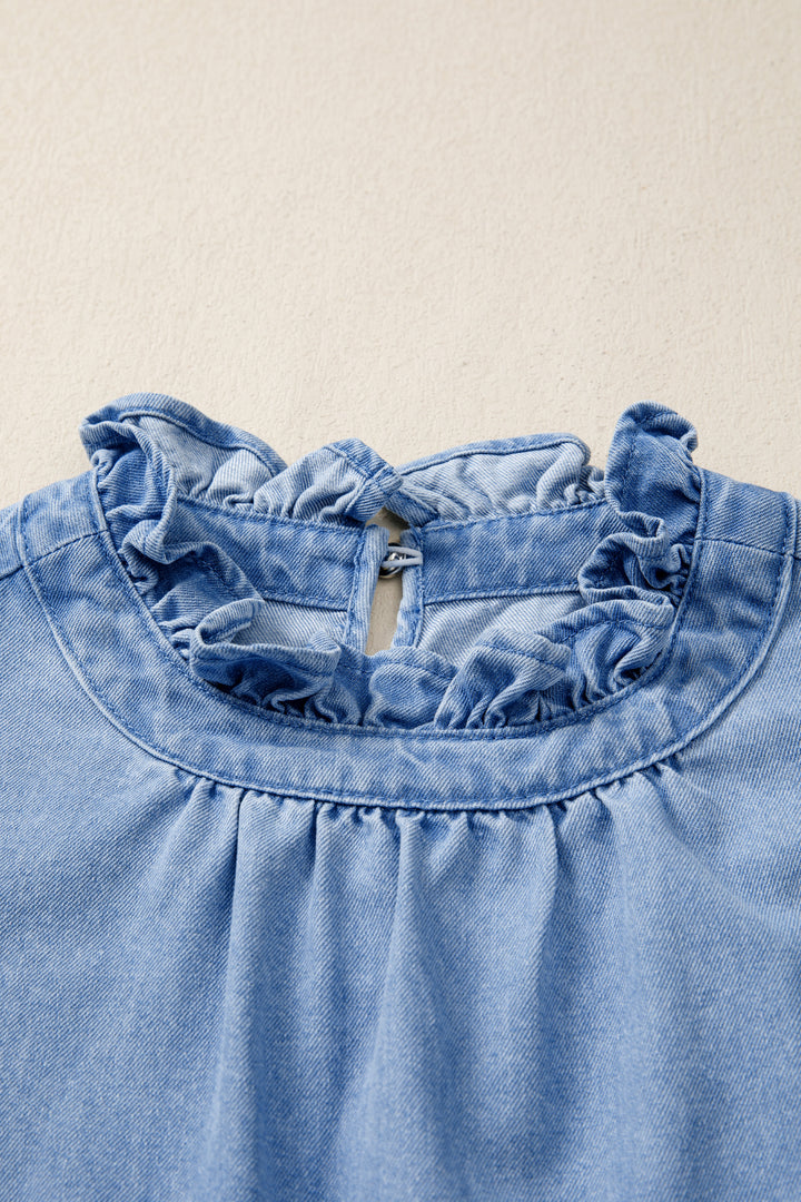 Frayed flutter sleeve denim top with frilled mock neck