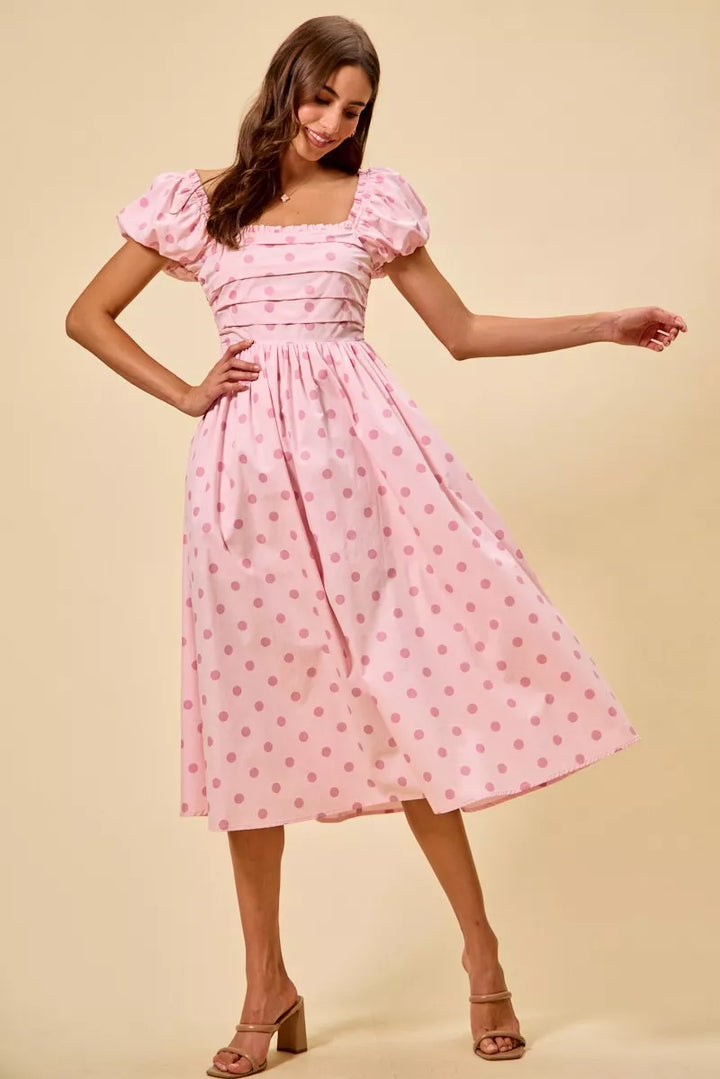 Polka dot puff sleeve midi dress with pleated bodice