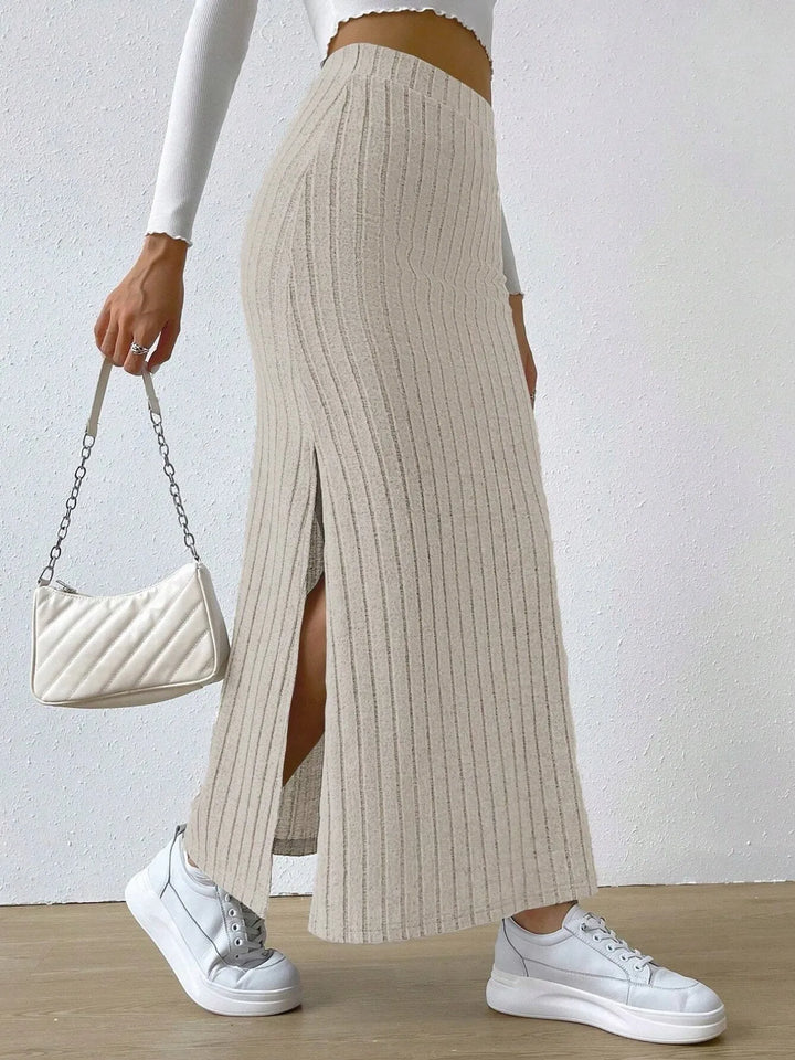 Ribbed knit high-waist maxi skirt with front slit