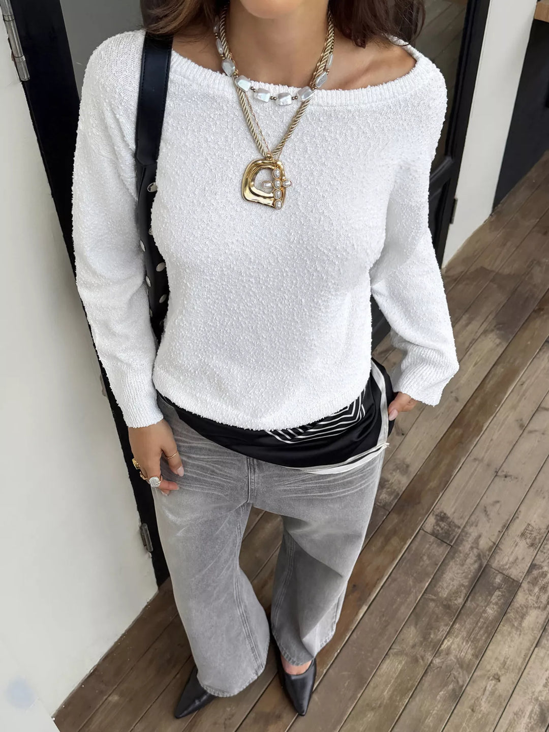 Textured boat neck dropped shoulder knit sweater