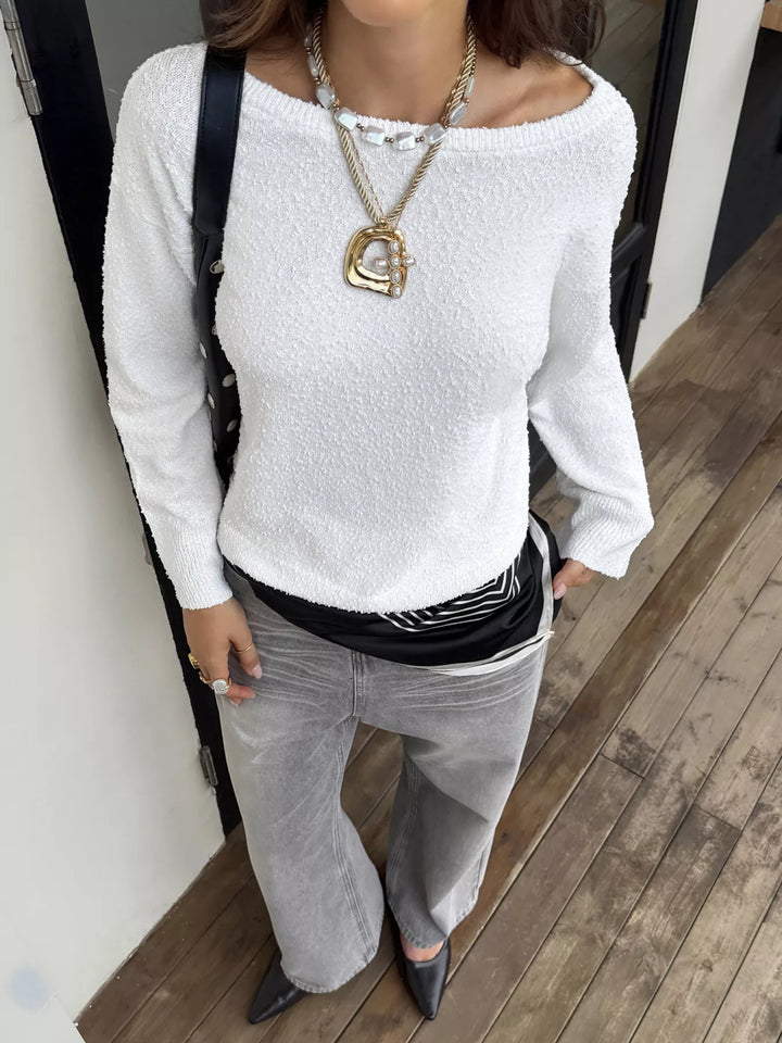 Textured boat neck dropped shoulder knit sweater