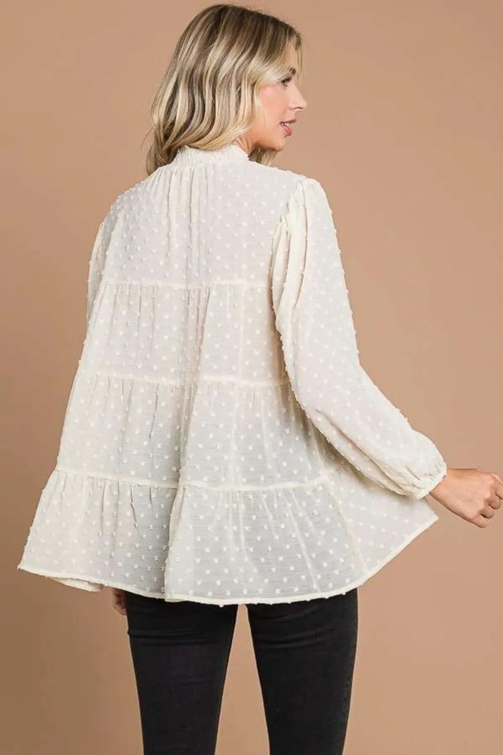 Swiss dot tiered blouse with smocked mock neck