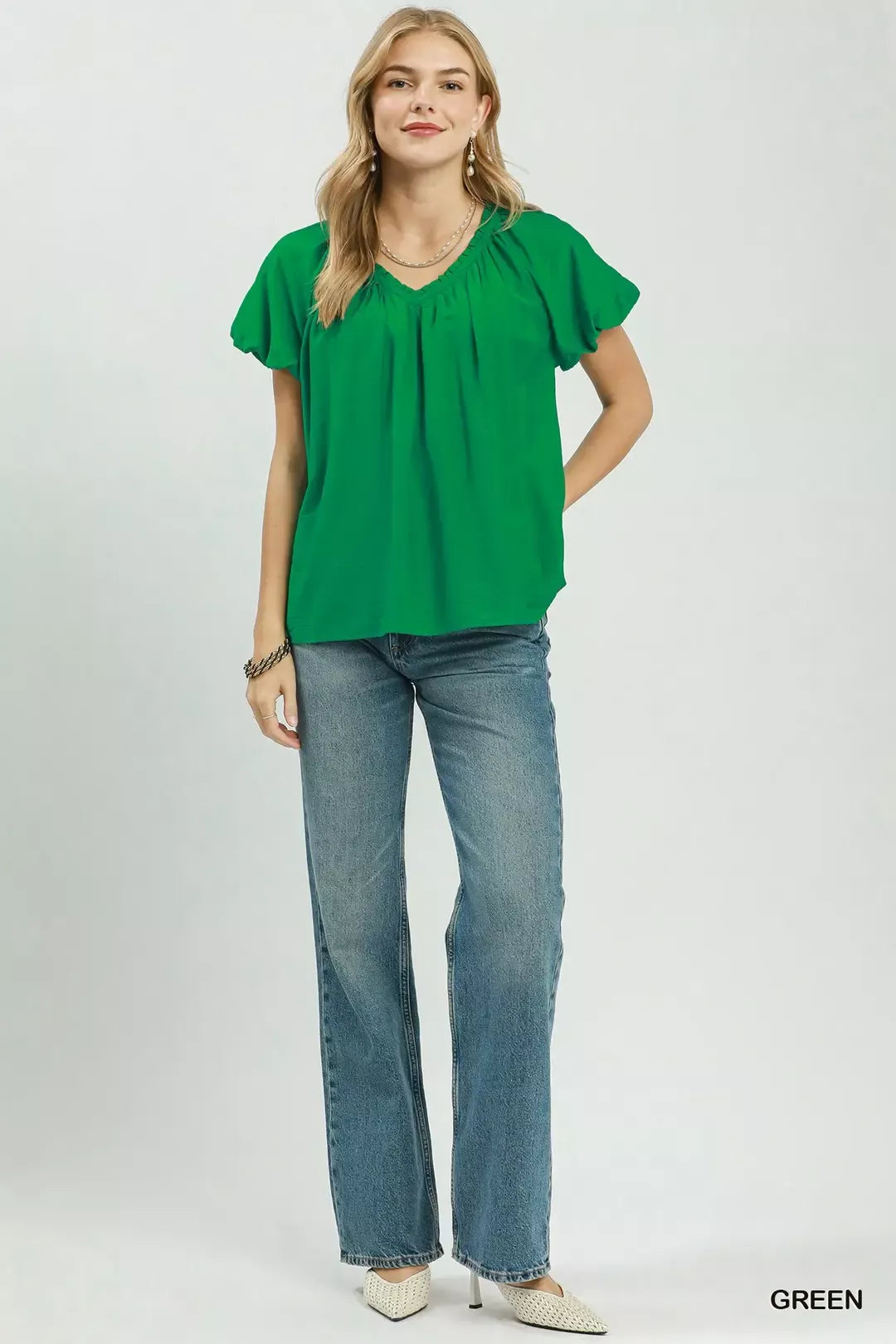 Gathered v-neck top with flutter sleeves