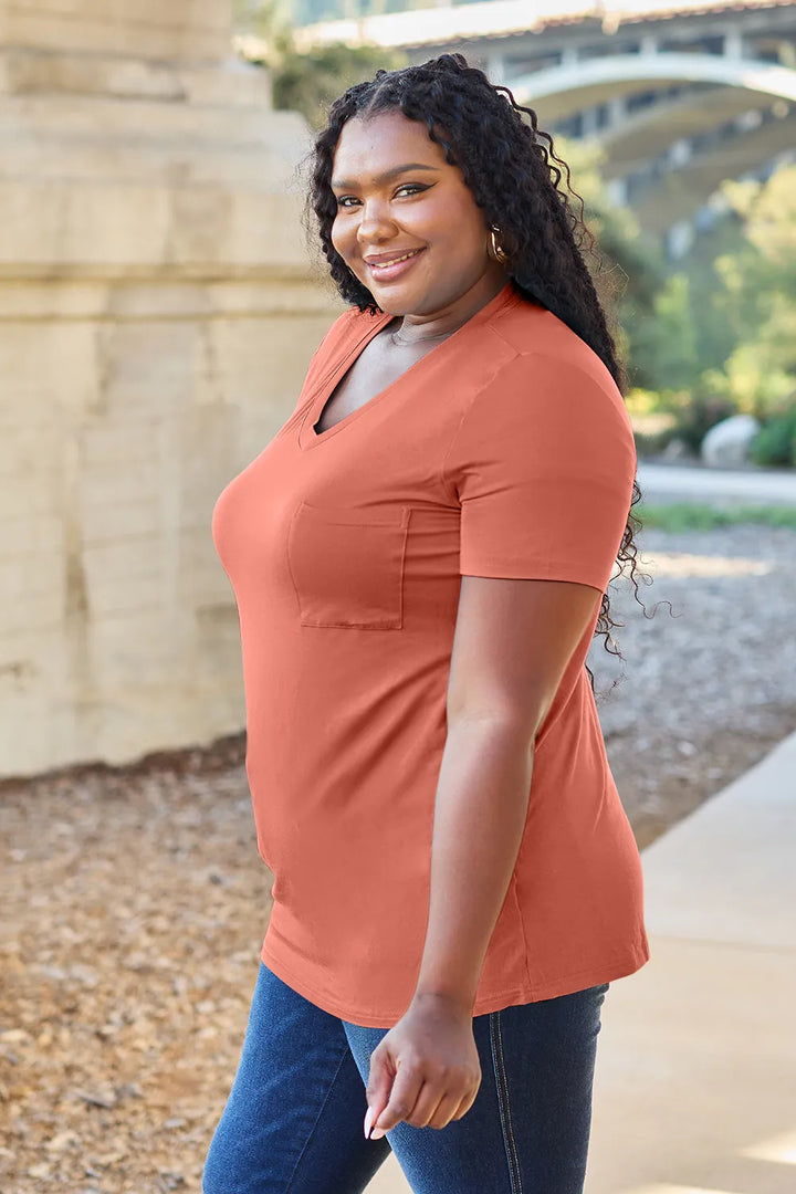 V-neck short sleeve bamboo tee with chest pocket