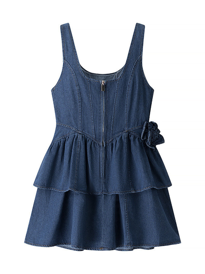 Tiered ruffle denim mini dress with rose appliqués