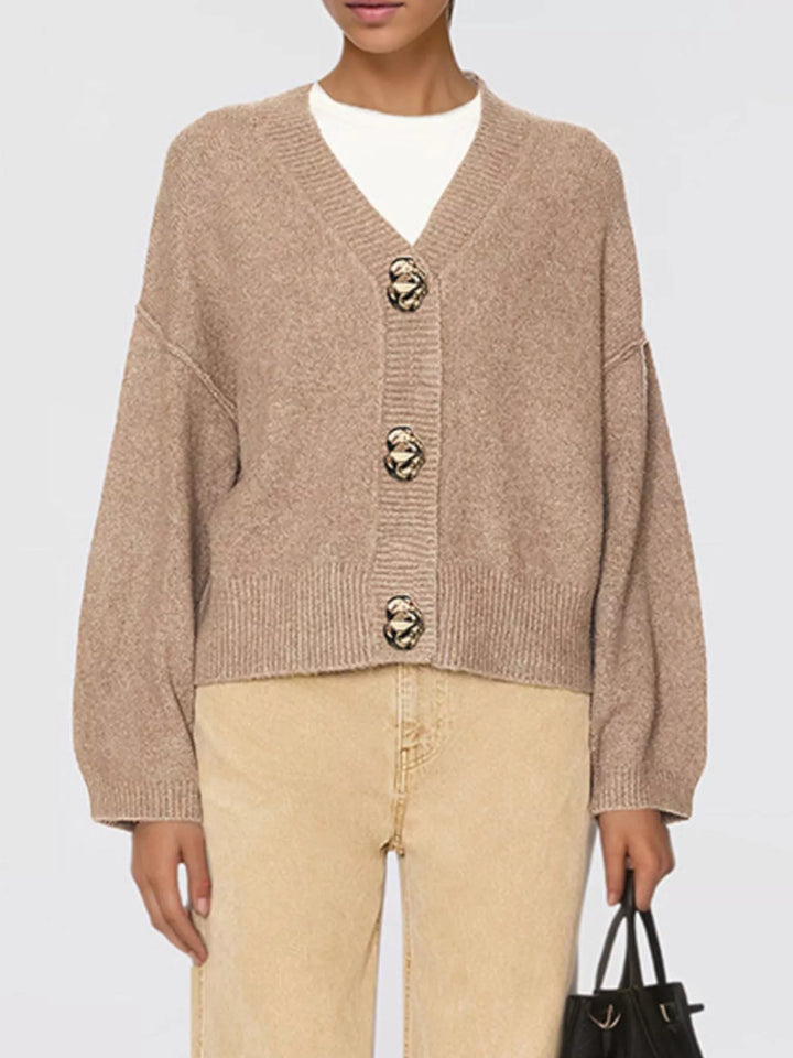 Gold button V-neck knit cardigan with drop shoulders