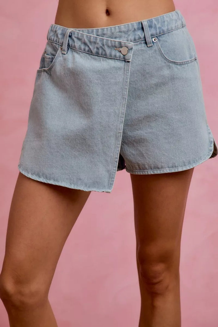Wrap-front washed denim skort with pockets