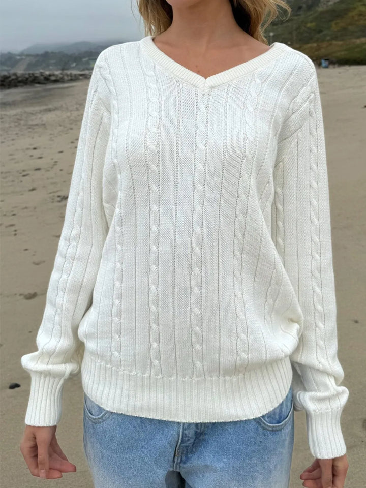 Cable knit V-neck pullover sweater with ribbed trim