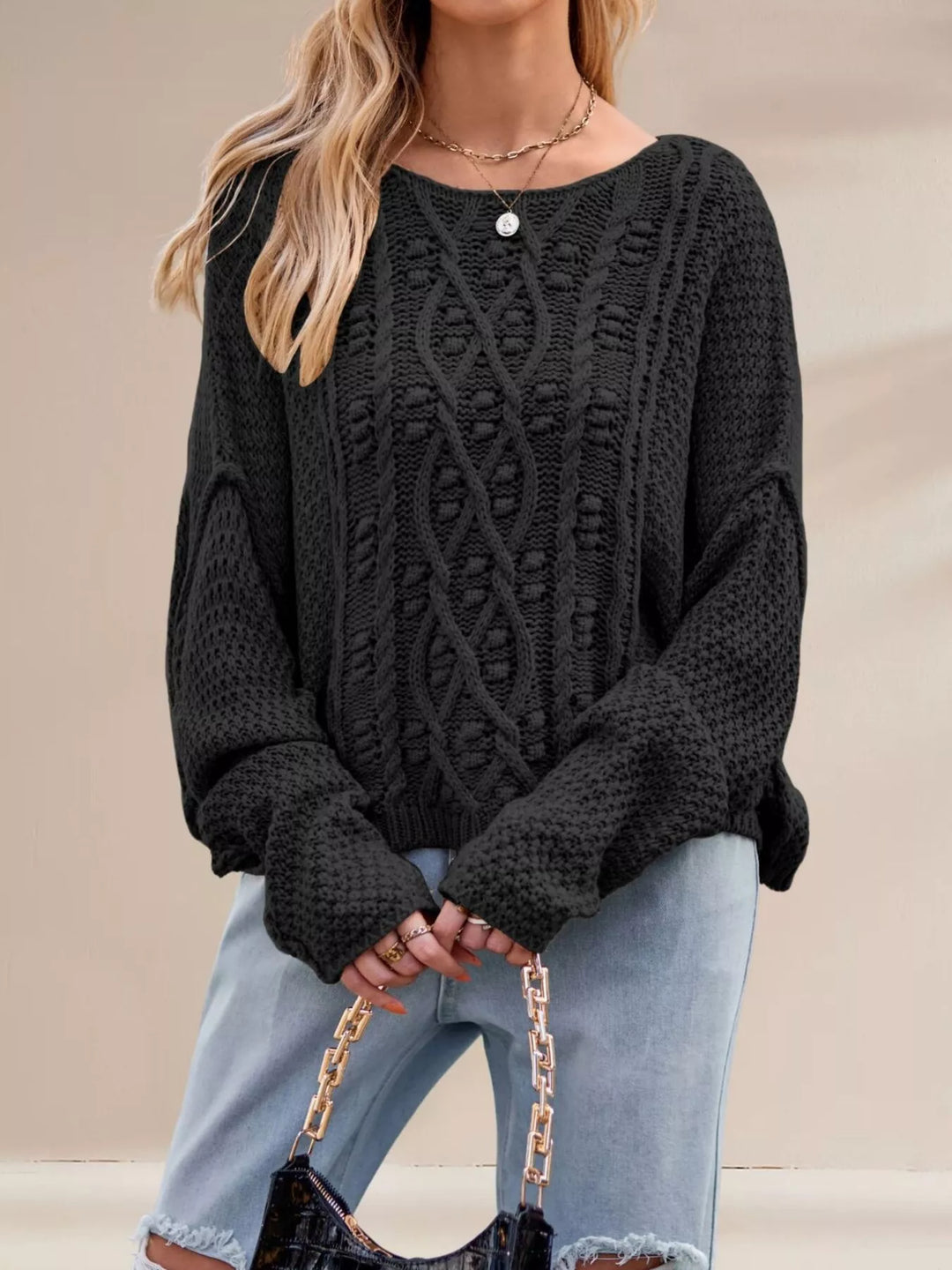 Cable knit drop shoulder sweater with boat neck