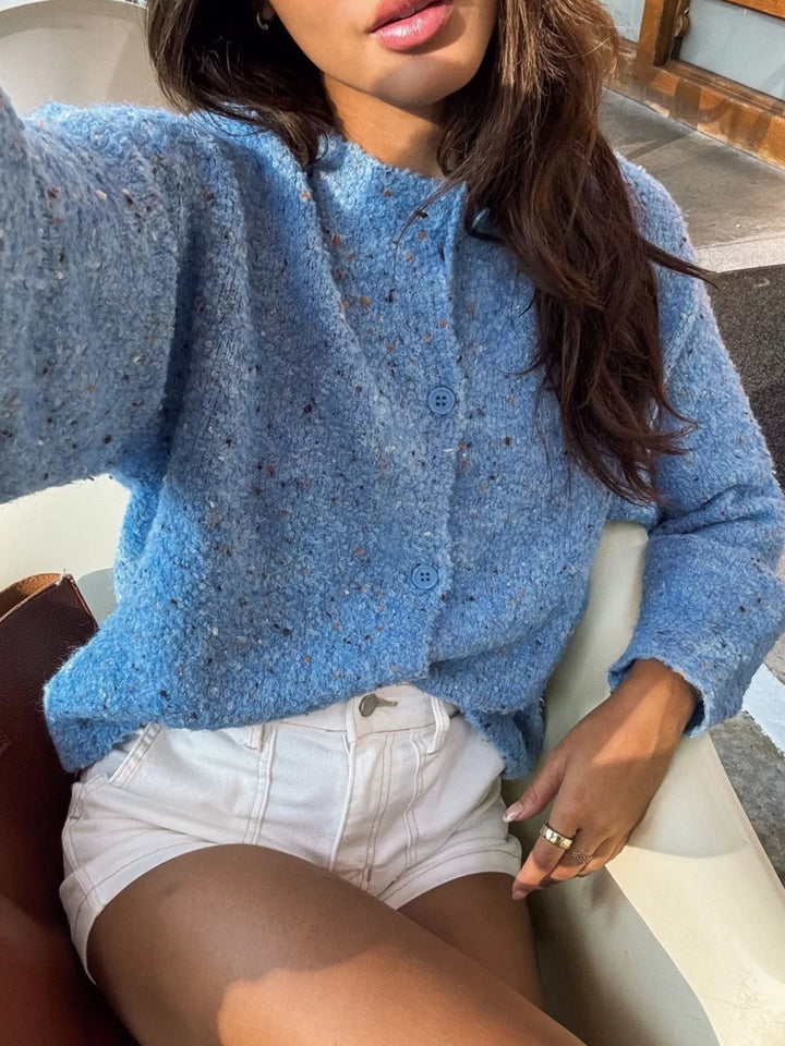 Speckled boucle knit button-front collared cardigan