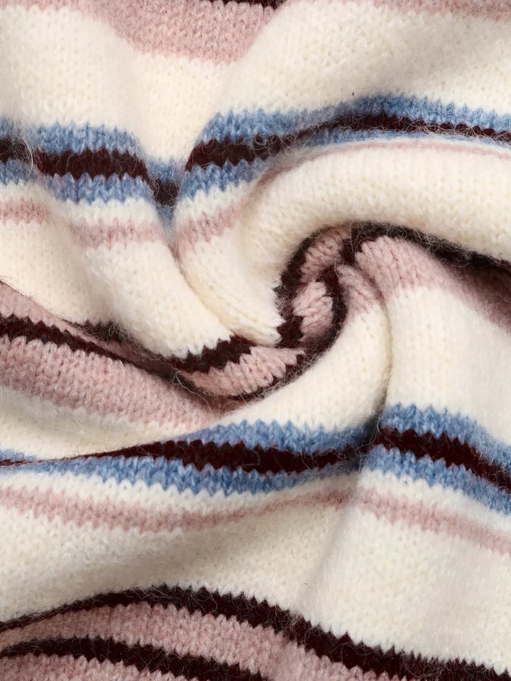 Striped knit polo collar sweater with ribbed trim