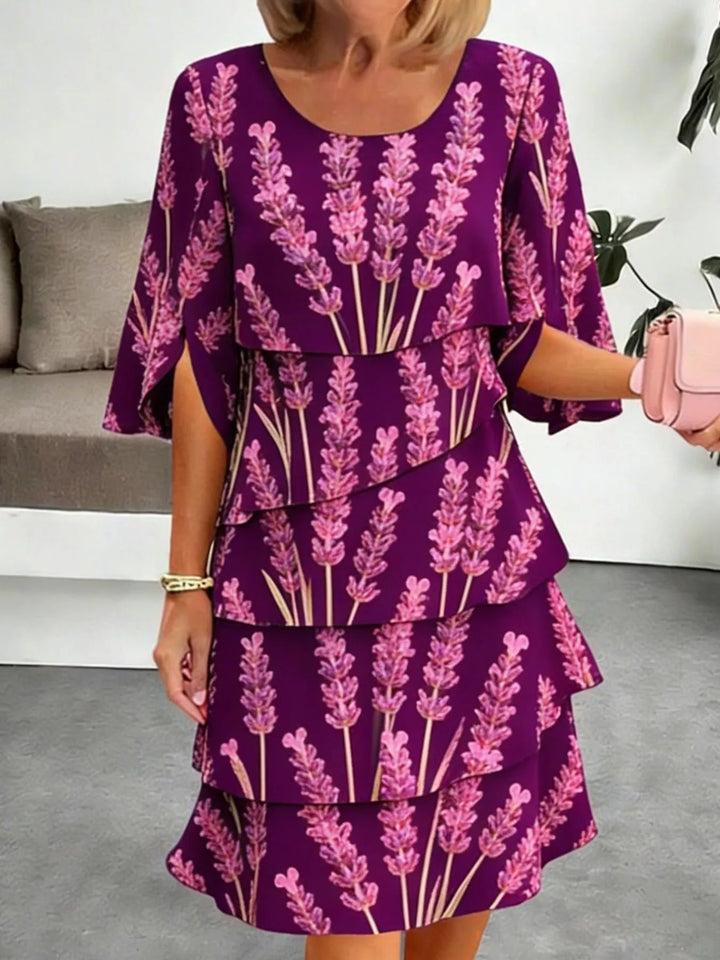 Purple Red Tiered floral print midi dress with flutter sleeves