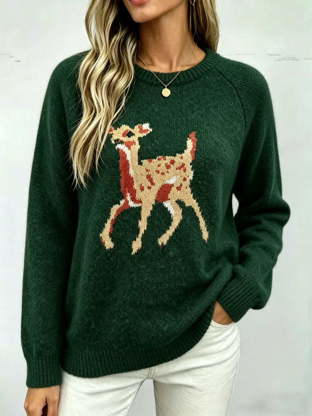Deer knit raglan sleeve pullover sweater with ribbed trim