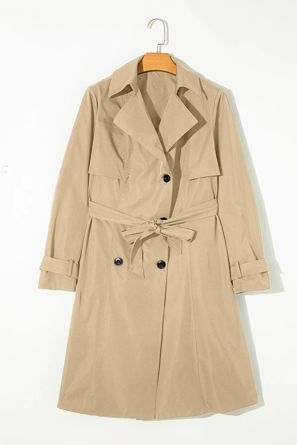 Double-breasted tie waist trench coat with notched collar