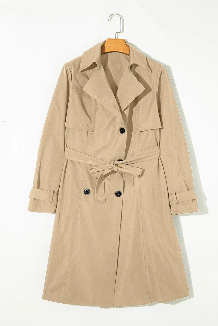 Double-breasted tie waist trench coat with notched collar