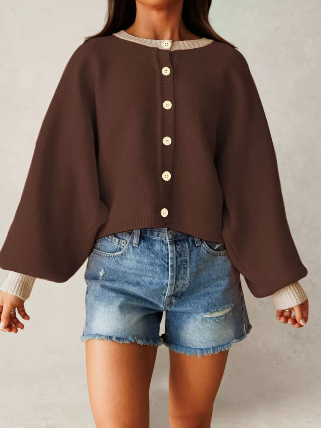 Brown Contrast trim button-front knit cardigan with balloon sleeves