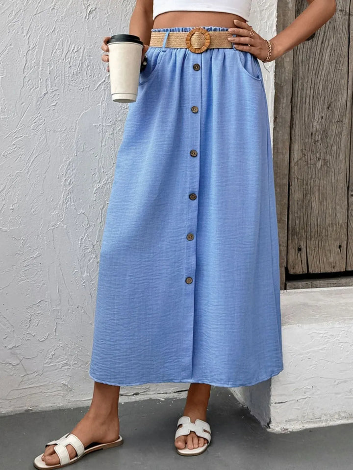Button-front midi skirt with elastic waist and pockets