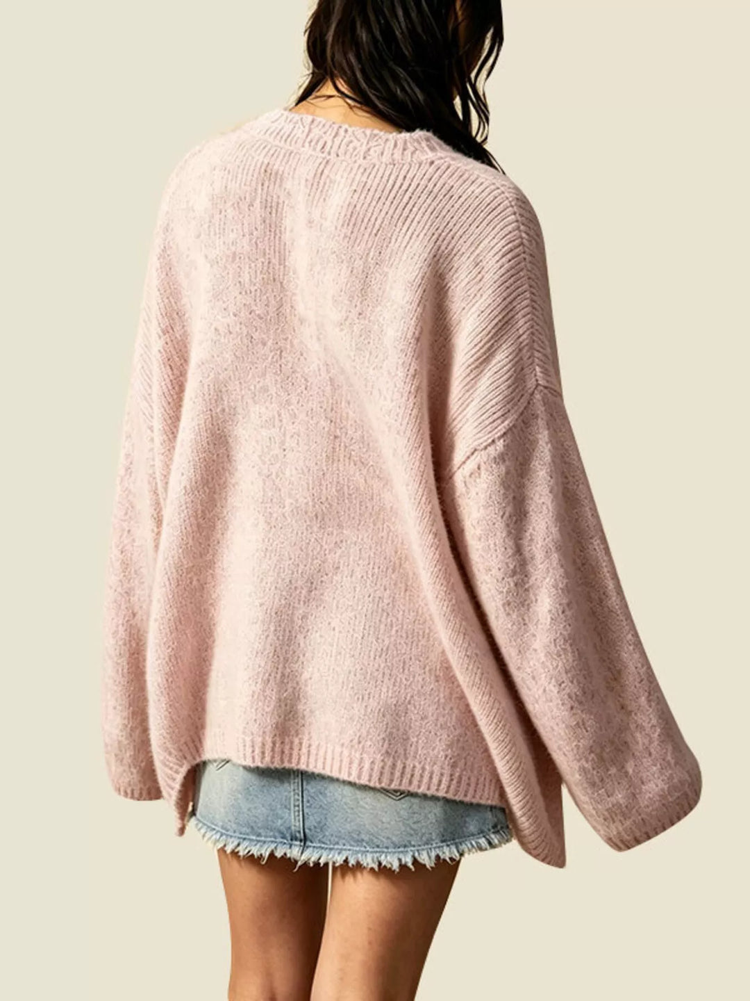 Oversized V-neck button-down knit cardigan with textured trim
