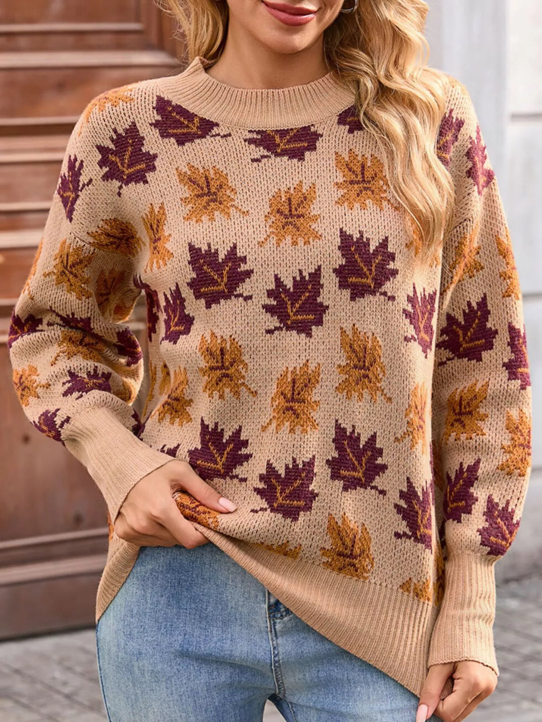 Maple leaf jacquard knit mock neck sweater