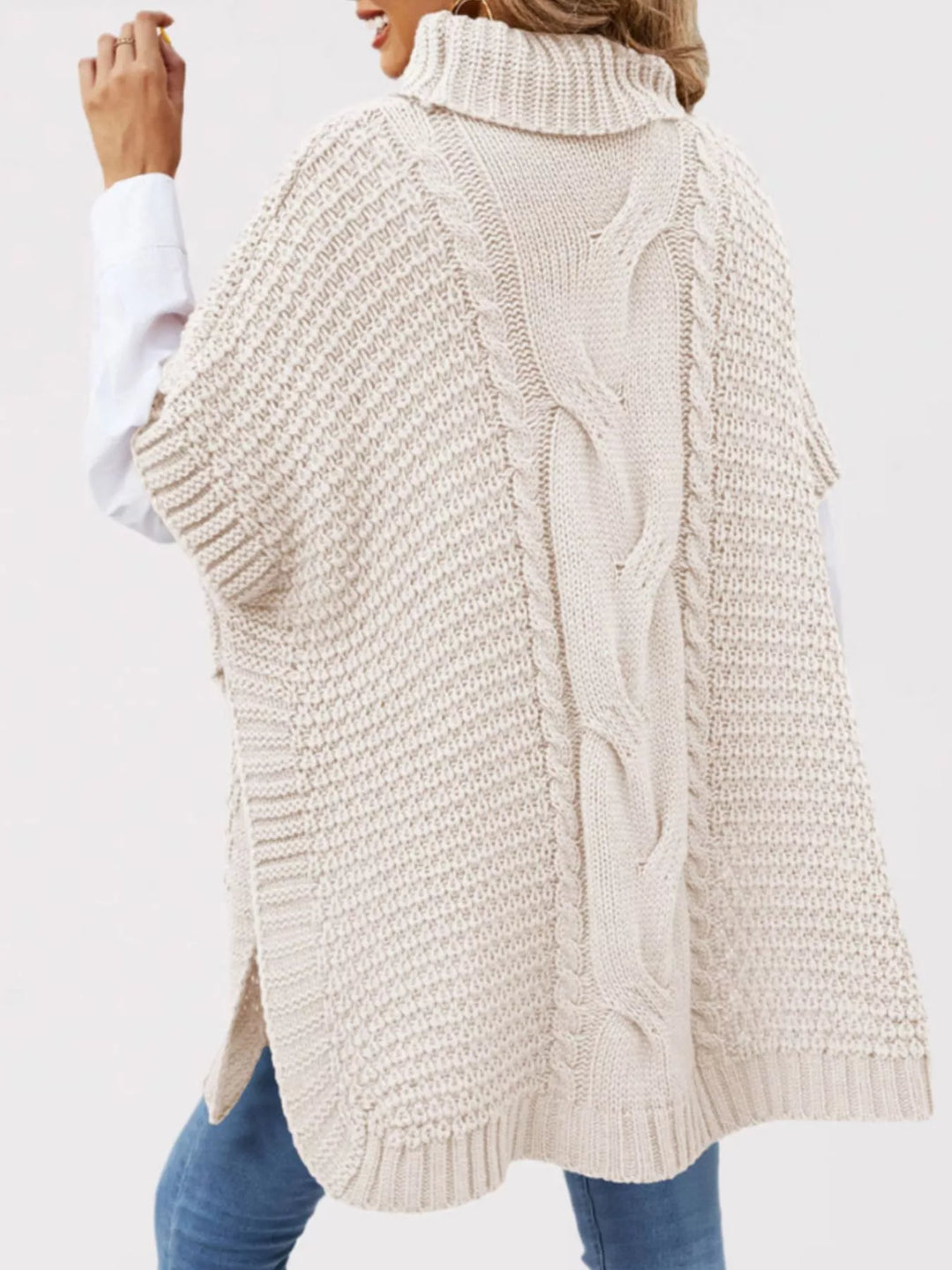 Cable-knit turtleneck short sleeve oversized tunic sweater