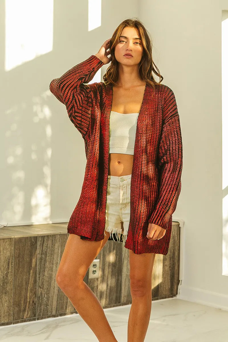 Metallic ribbed knit open-front longline cardigan