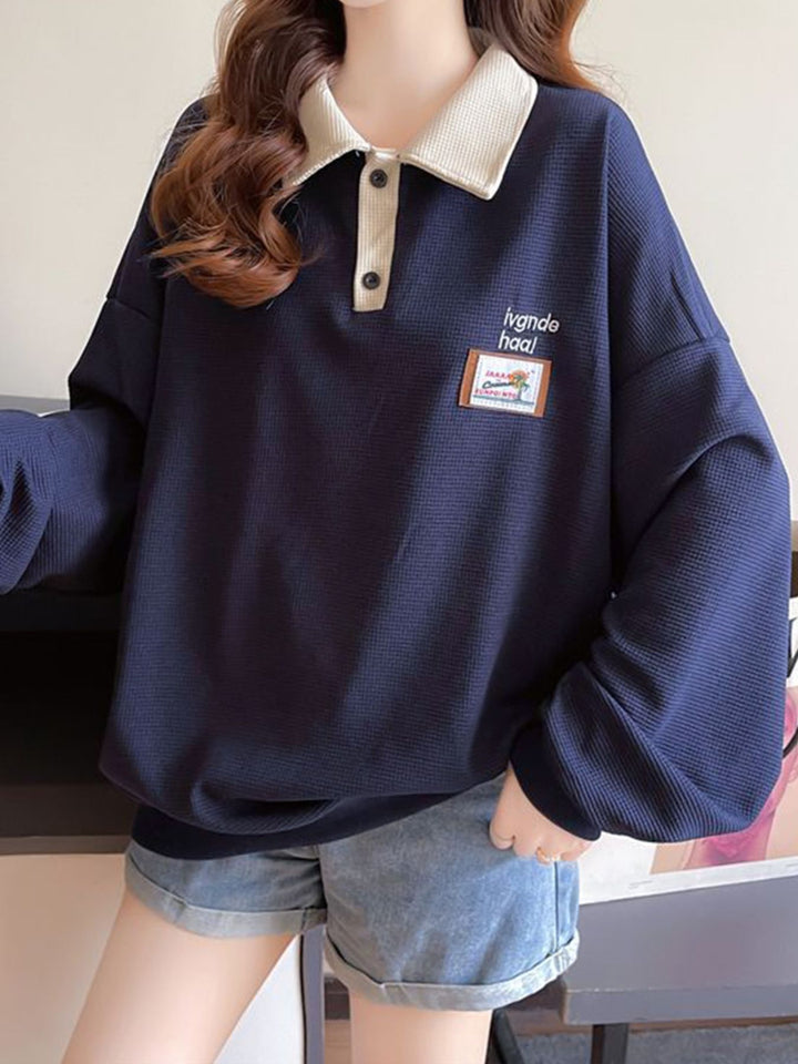 Contrast collar waffle-knit polo sweatshirt with drop shoulders