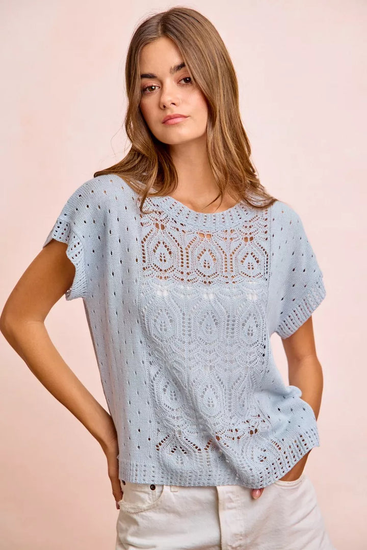 Washed Ice Blue Washed eyelet openwork knit short sleeve top