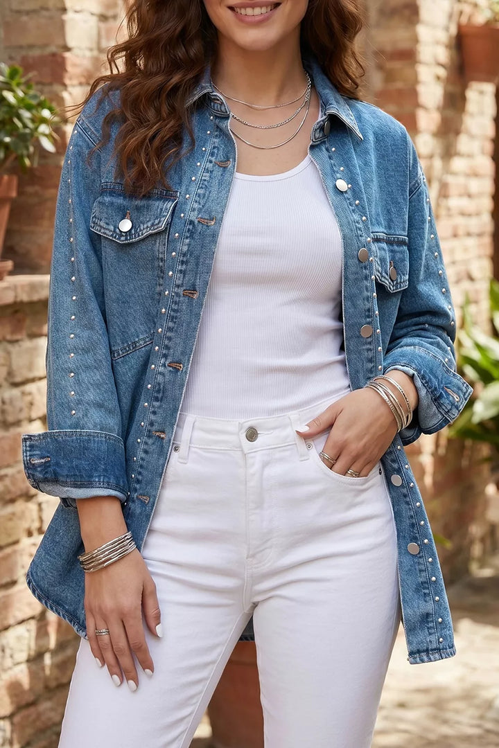 Studded western denim shirt jacket with flap chest pockets