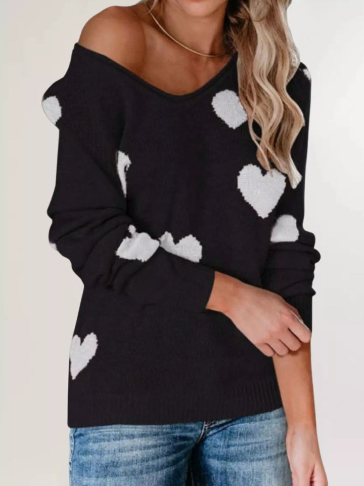 Black Heart pattern knit pullover sweater with V-neck