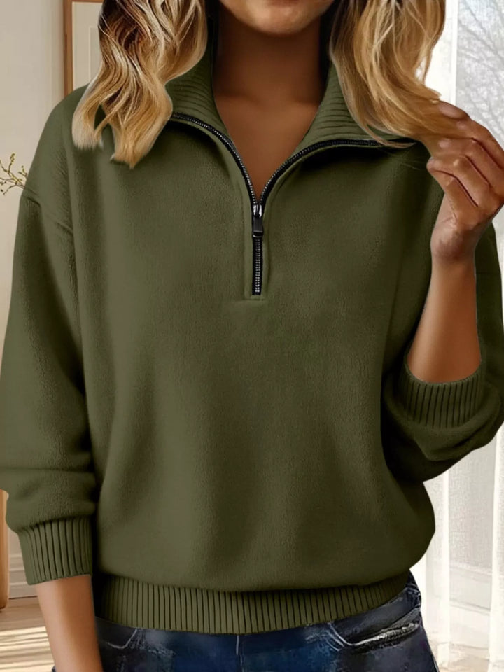 Army Green Half-zip dropped-shoulder knit sweater with ribbed collar