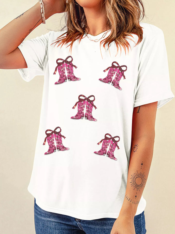 Sequined cowgirl boot patch crew neck t-shirt