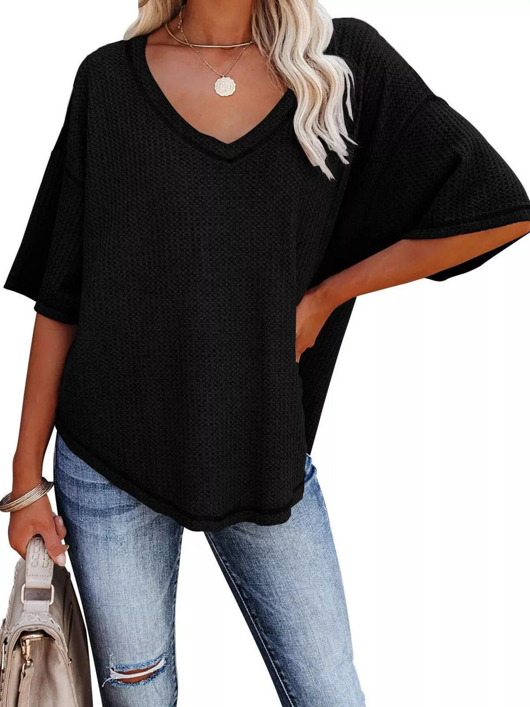 Waffle knit v-neck drop shoulder short sleeve tee