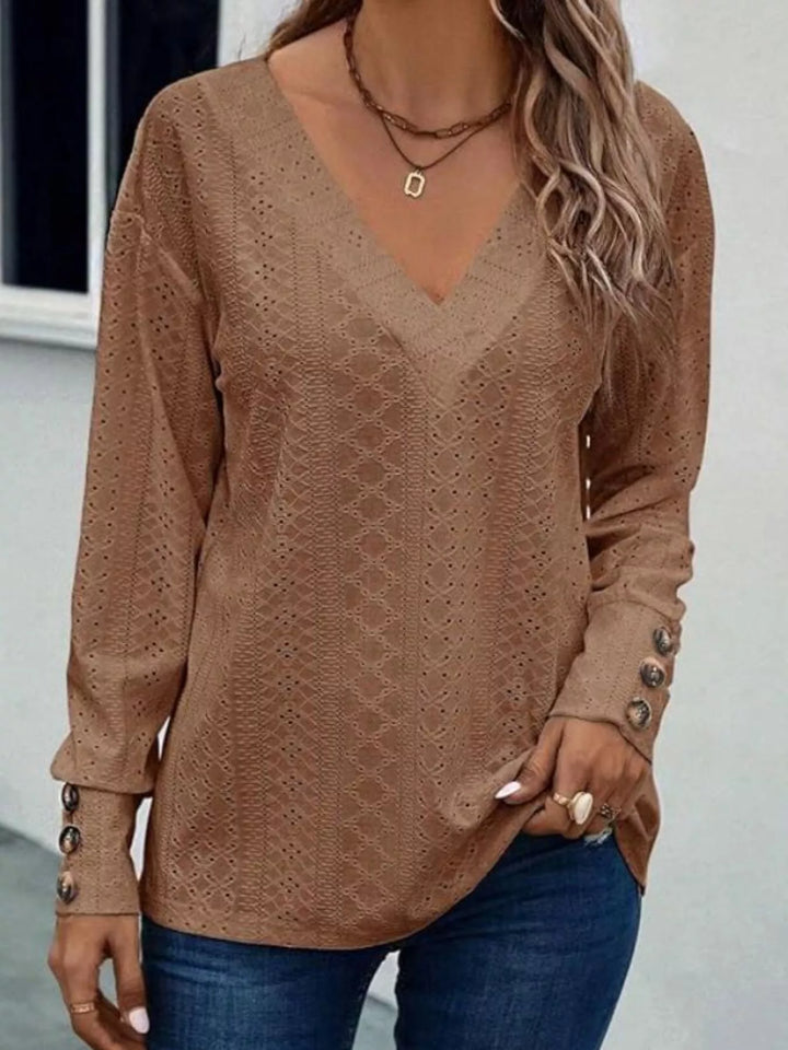 Eyelet V-neck long sleeve top with button cuffs