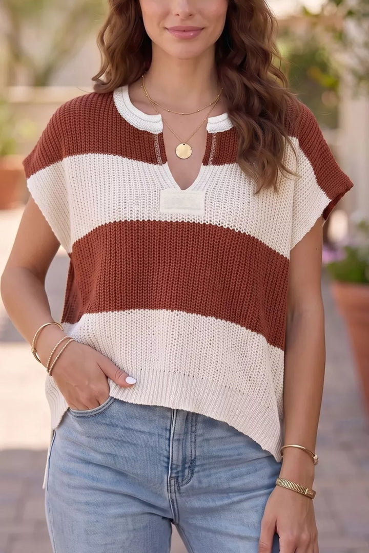 Red Wide stripe colorblock knit sweater with notch neck