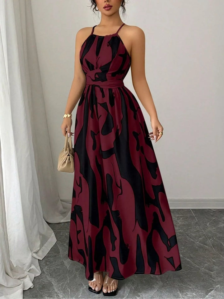 Burgundy Abstract brushstroke print halter maxi dress with tie waist