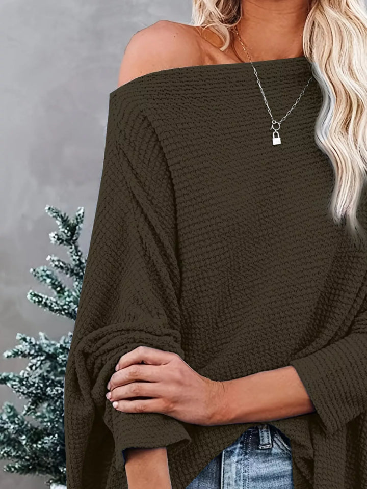 Oversized waffle-knit boat neck long sleeve top